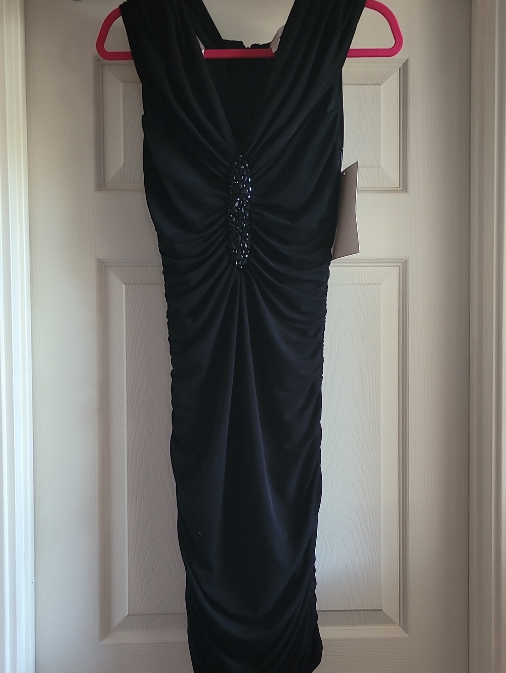 Boston Proper Black Ruched Maxi Dress, Beaded Detail SUPER STRETCHY NEW SIZE 8